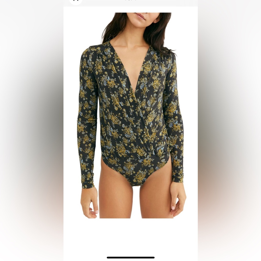 Free People Turnt bodysuit Black green floral large